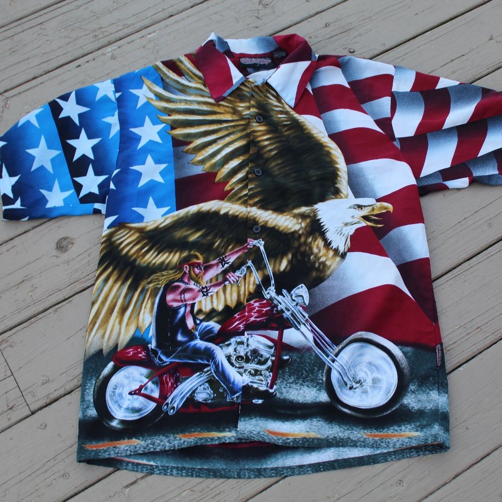 Sapphire Lounge USA Eagle America Biker Short Sleeve Button Down Large